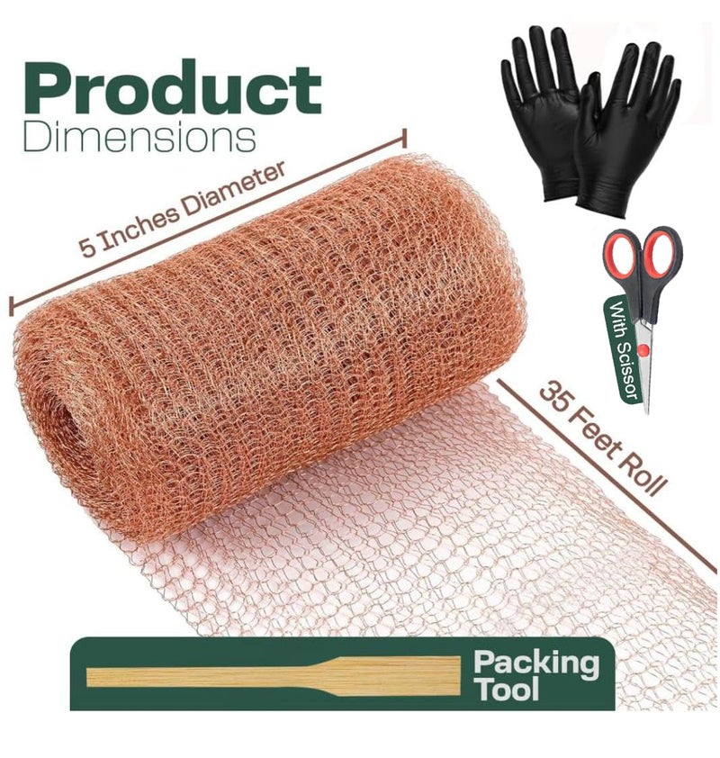 RAYTRENDS 3rd Gen Copper Mesh Rodent Control Kit 5" x 35ft, 100% Premium Copper Wool for Sealing Holes & Water Gaps, Blocks Slugs, Snails, Mice & Pests – with Scissors, Gloves & Packing Tool - Image 2